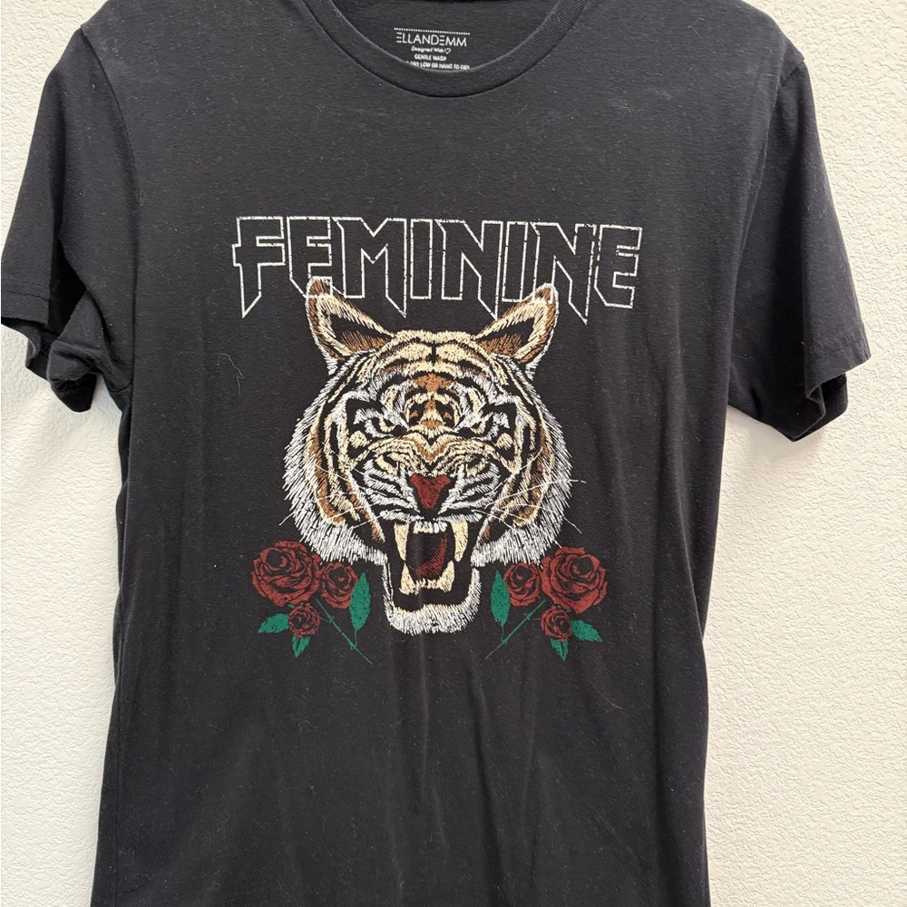 Black Short Sleeve Tee with Tiger and Rose Graphic